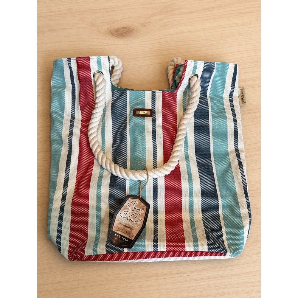 Sun N Sand Striped Canvas Beach Tote Bag Rope Handles NWT Nautical